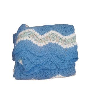 Vintage Blue Zig Zag Afghan Throw BLANKET Shades Of Green Crochet Kint Handmade